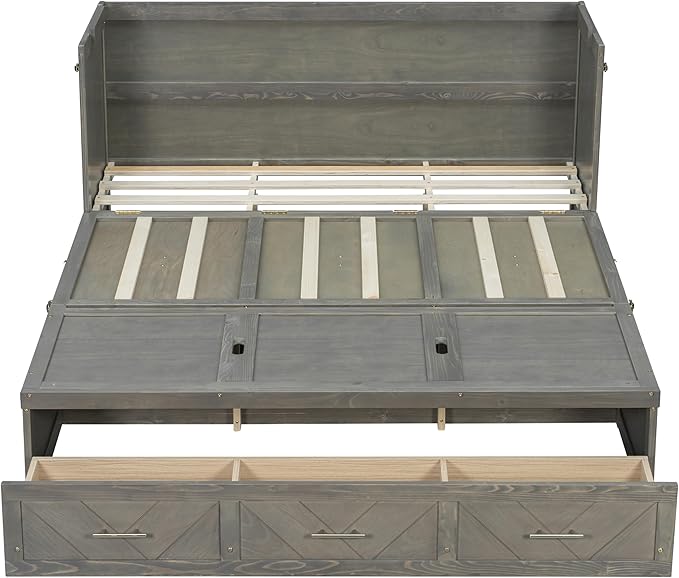 KEIKI Queen Murphy Bed Cabinet Charging Station & Geometrical Panel, Pine Wood