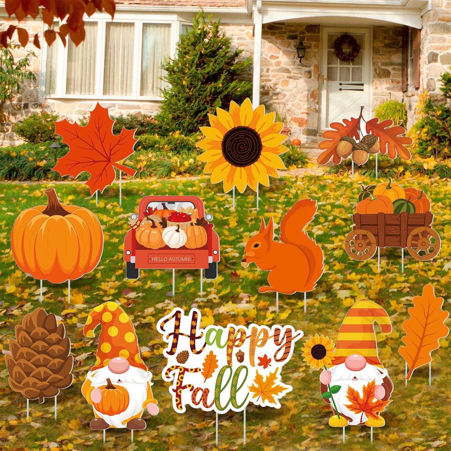 Threehoney 12 Pcs Fall Yard Signs with Stakes Outdoor Thanksgiving Yard Sign Autumn Harvest Pumpkin Lawn Decorations Gnome Maple Leaf Waterproof Decor for Home Garden Party Supplies(Fall)