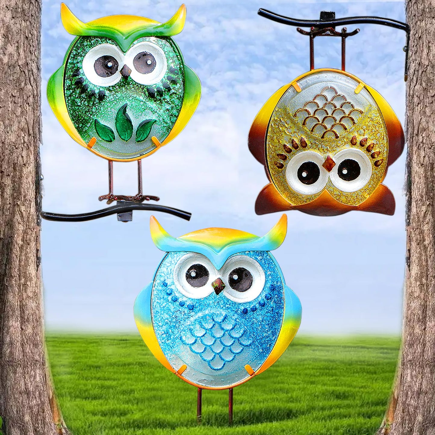 LEGIFO Owl Garden Decor for Outside, Stand & Tree Hugger Outdoor Owls Stakes Yard Art Set of 3, Funny Metal & Glass Stake Gifts for Grandma Mom Women