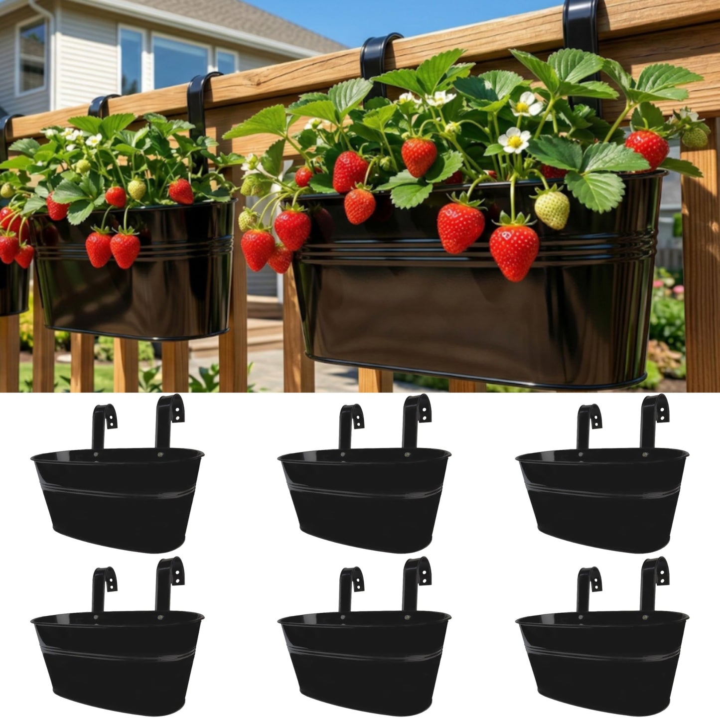 LaLaGreen Rail Planter Outdoor Plants (6 Pack, 9.8 Inch) Small and Cute Black Metal Iron Hanging Flower Pot Deck Railing Fence Buckets Countryside Style Window Box Plant Holder Hooks Porch Decor