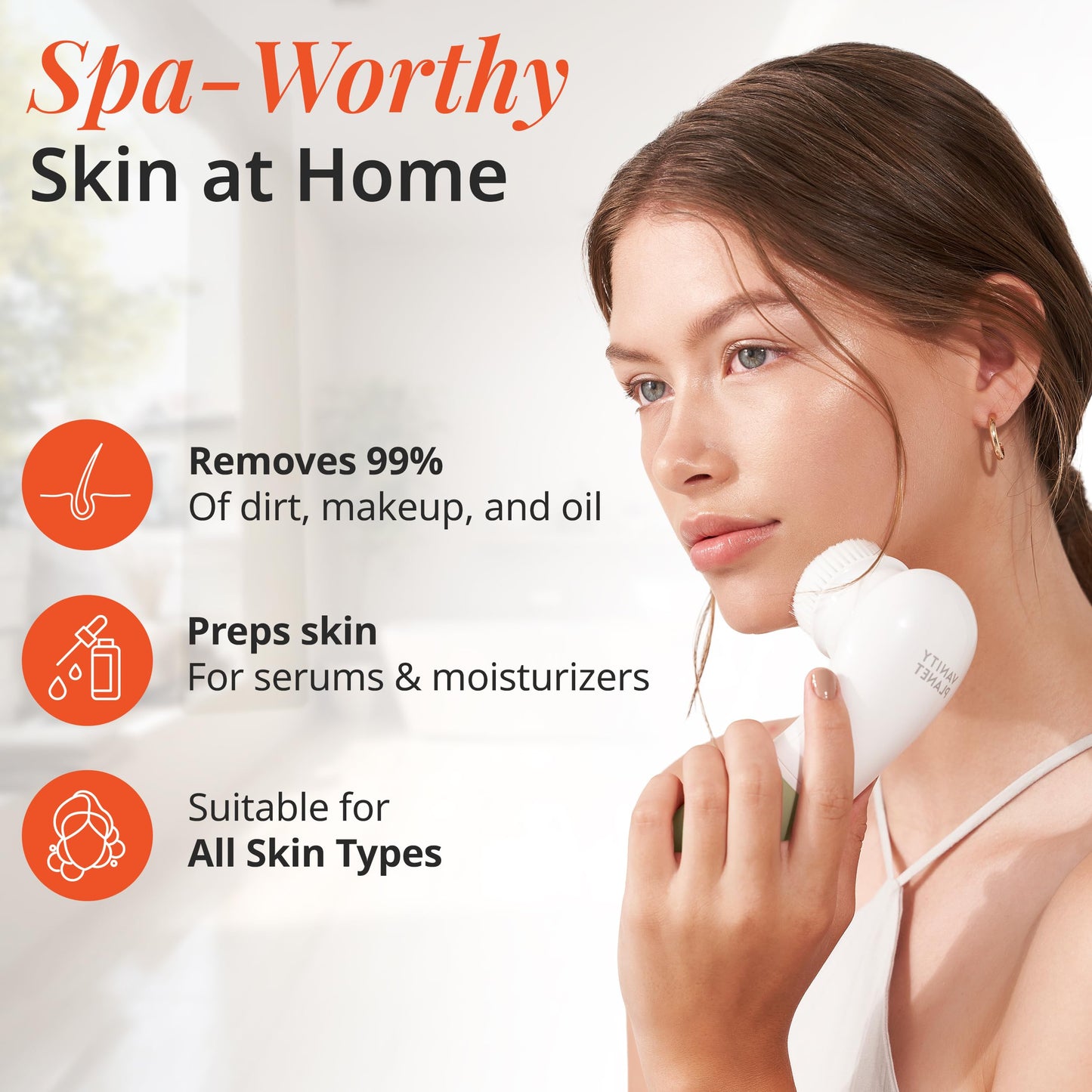 Raedia Handheld Facial Cleansing Brush with 4 Interchangeable Brush Heads by Vanity Planet - Lightweight Daily Cleansing Brush for Glowing Skin - Water Resistant Face Exfoliator - Warm Grey