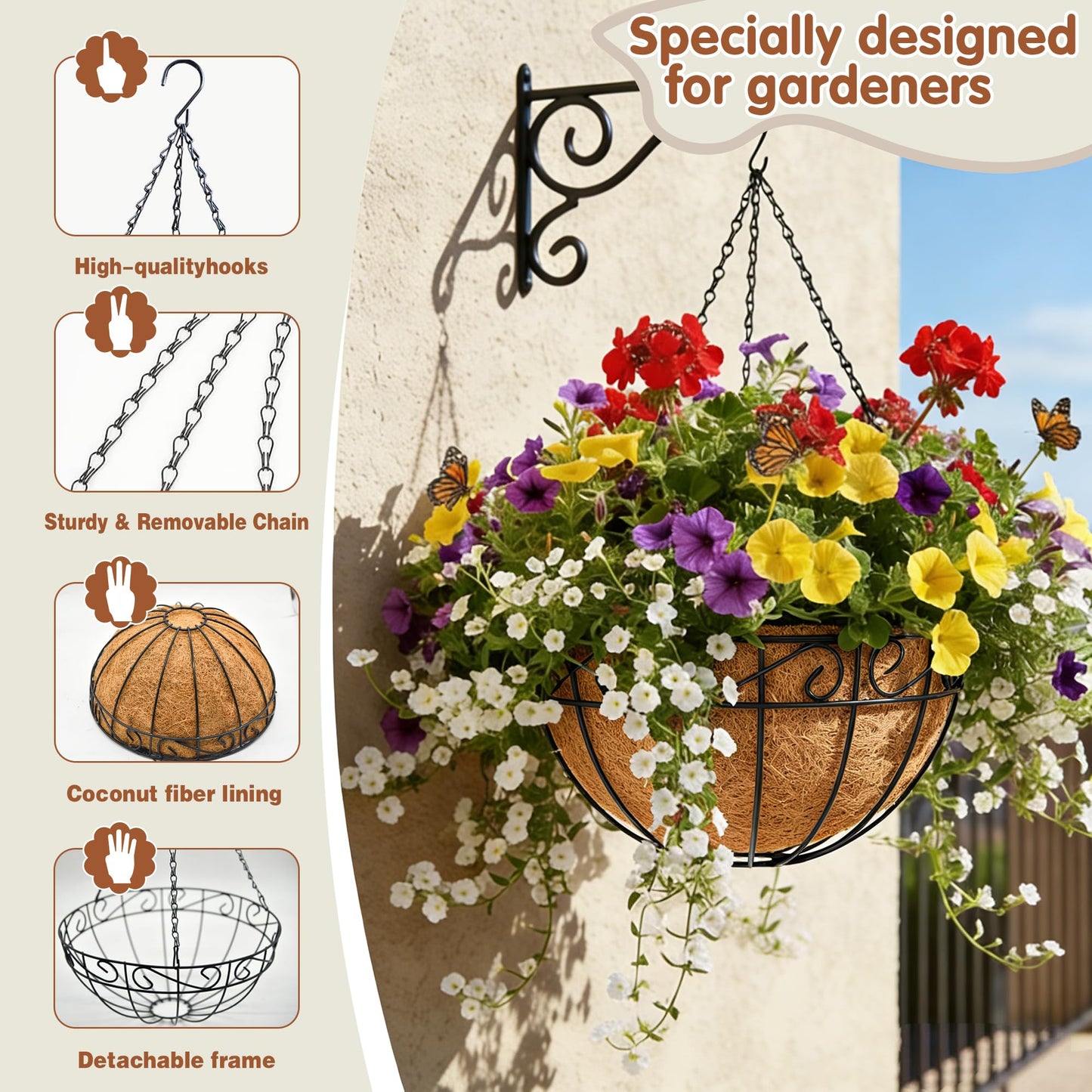 10 inch Metal Hanging Baskets For Plants Outdoor 4 Pack Round Metal Wire Hanging Basket Planter with Coco Fiber Liners Chain Round Wire Plant Holder for Garden, Patio, Deck, Porch Plants Flower Potsss