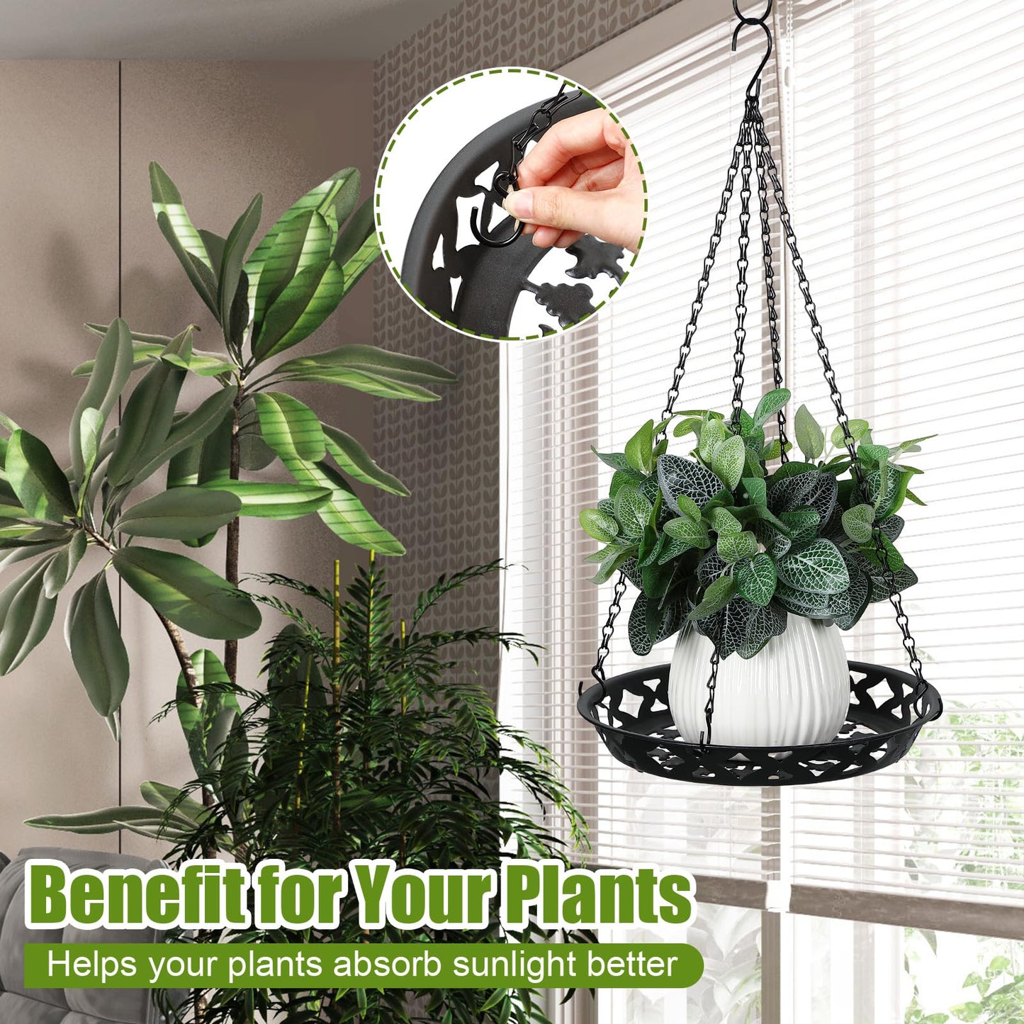 Enhon 3 Pack Plant Hanger, 12 Inch Metal Hanging Planter for Indoor Outdoor Plants, Classy Glossy Black Decorative Hanging Plant Shelf for Window Wall Ceiling Home Decor