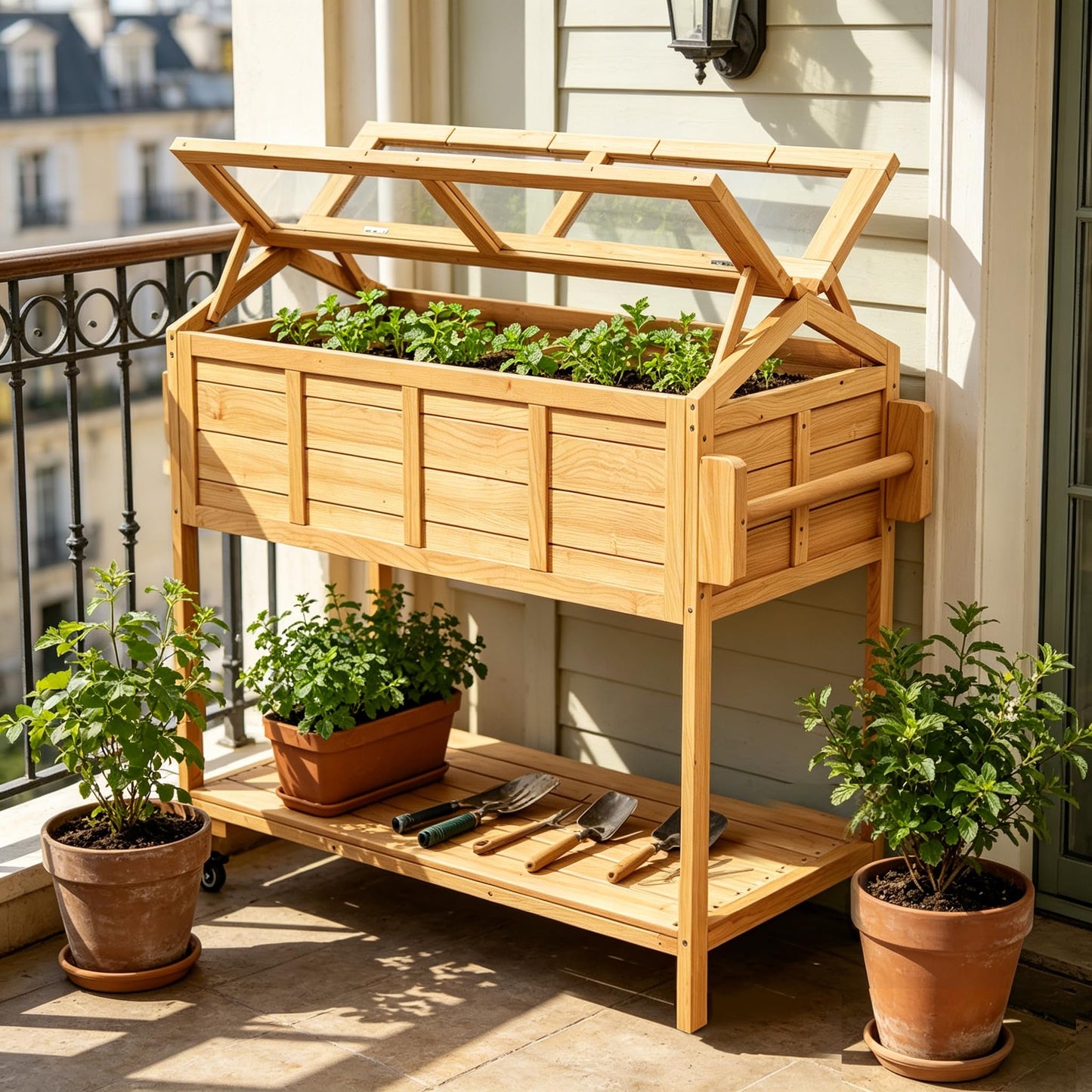 Raised Garden Beds on Wheels with Legs and Cover Elevated Garden Bed Herb Planter Box Cart Outdoor with Bed Liner,Storage Shelf,Seed Starter Tray for Backyard Patio Outside (Country Rustic)