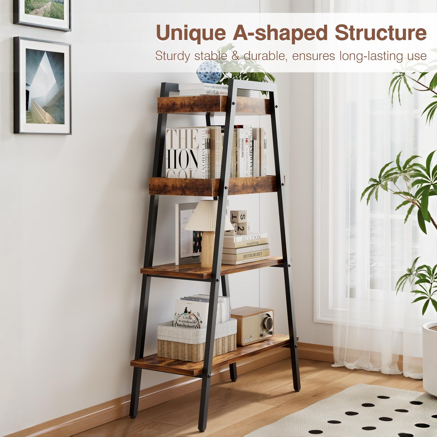 VECELO Book Shelf, 4 Tier Wooden Ladder Bookcase with Metal Frame, Enclosed Edges Combined with Open Display, Decorative and Plant Stand for Living Room/Farmhouse/Bedroom/Home Office-Brown