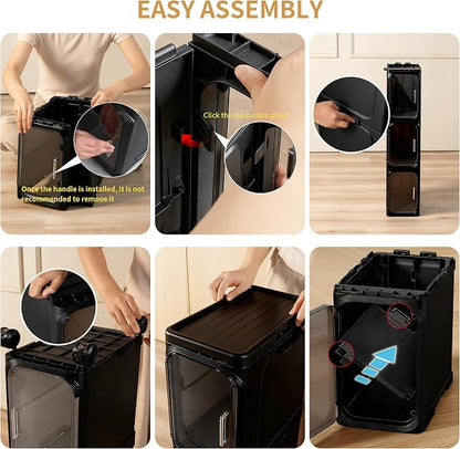 3-Tier Narrow Slim Bathroom Storage Cabinet with Wheels, Black | Tool Free Assembly, Adjustable shelves, Lockable Wheels, Magnetic Clear Door, Fits for Narrow Spaces