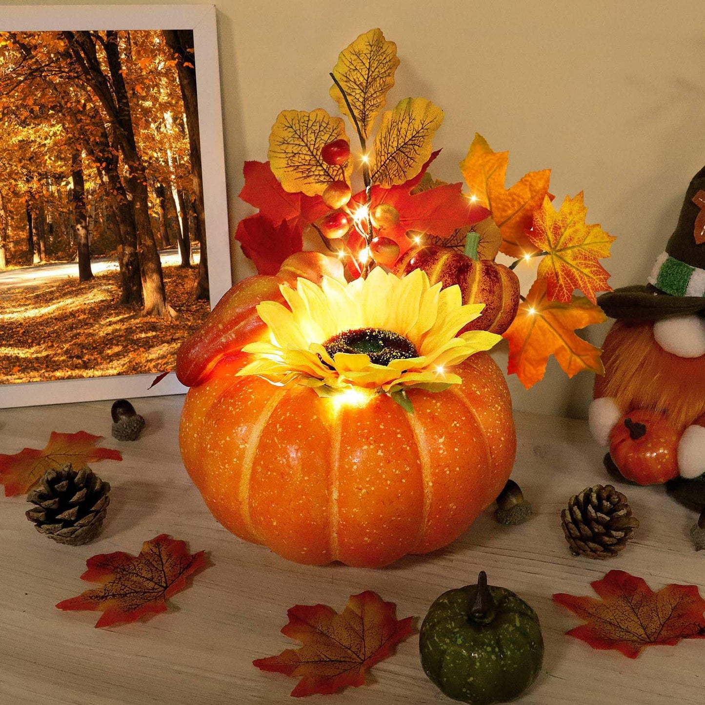 [Timer & Prelit] Thanksgiving Decorations Pumpkin Decor, Artificial Fake Pumpkin with Maples Leaves Sunflower Berried 20 LED Warm White Lights Fall Centerpieces for Tables Home Kitchen Porch Indoor