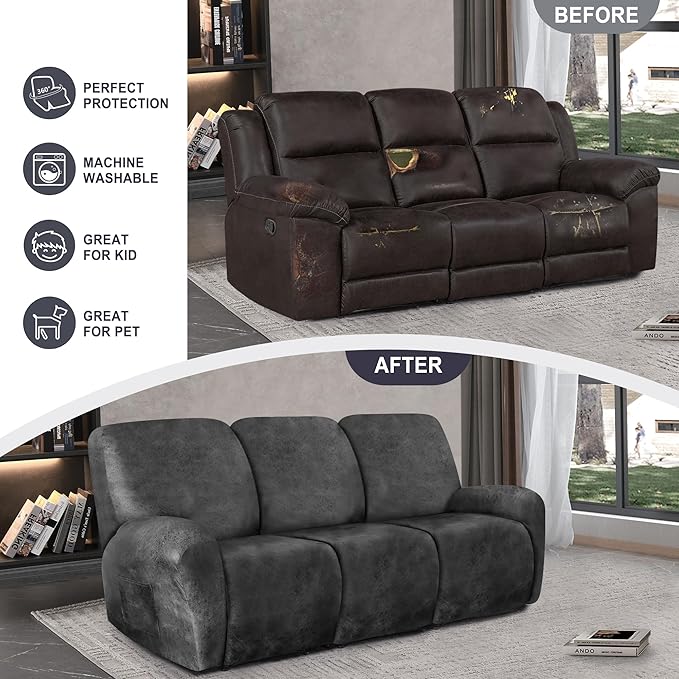 ANARACHON Leather Look Recliner Couch Cover, 8-Pieces Stretch Recliner Sofa