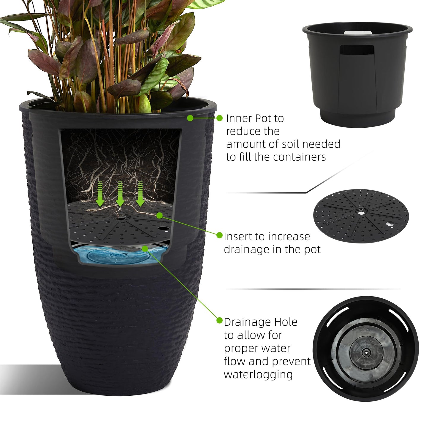 Worth Garden 2-Pack 21" H. Black Tall Planters with Inside Pots - 14'' Dia Plastic Large Round Plant Tree Pots - Decorative Imitation Stone Finish for Indoor Outdoor Front Porch Container Patio