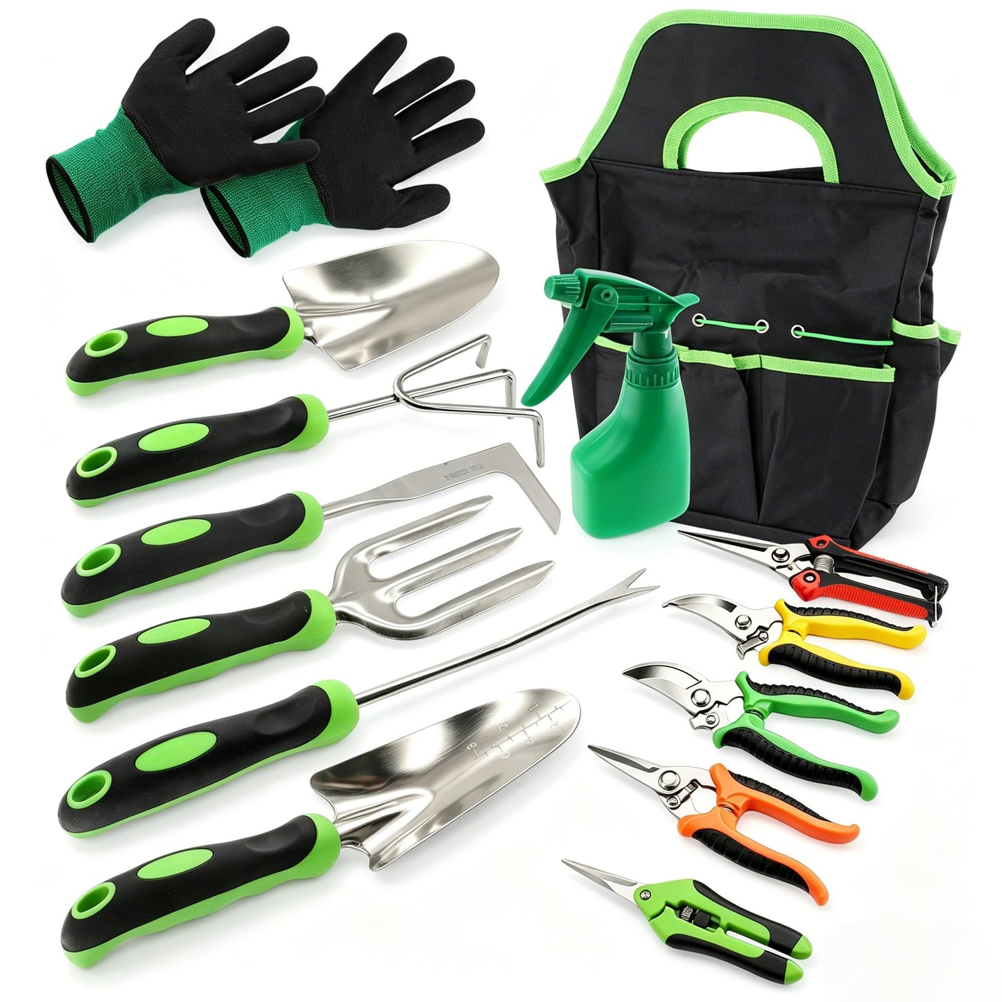 SHRJ 15Pcs Garden Tool Set Heavy Duty Stainless Steel Gardening Hand Tools with 5 Garden Shears Non-Slip Rubber Grip Spade Shovel Organizer Handbag Gardening Gifts for Family Friends