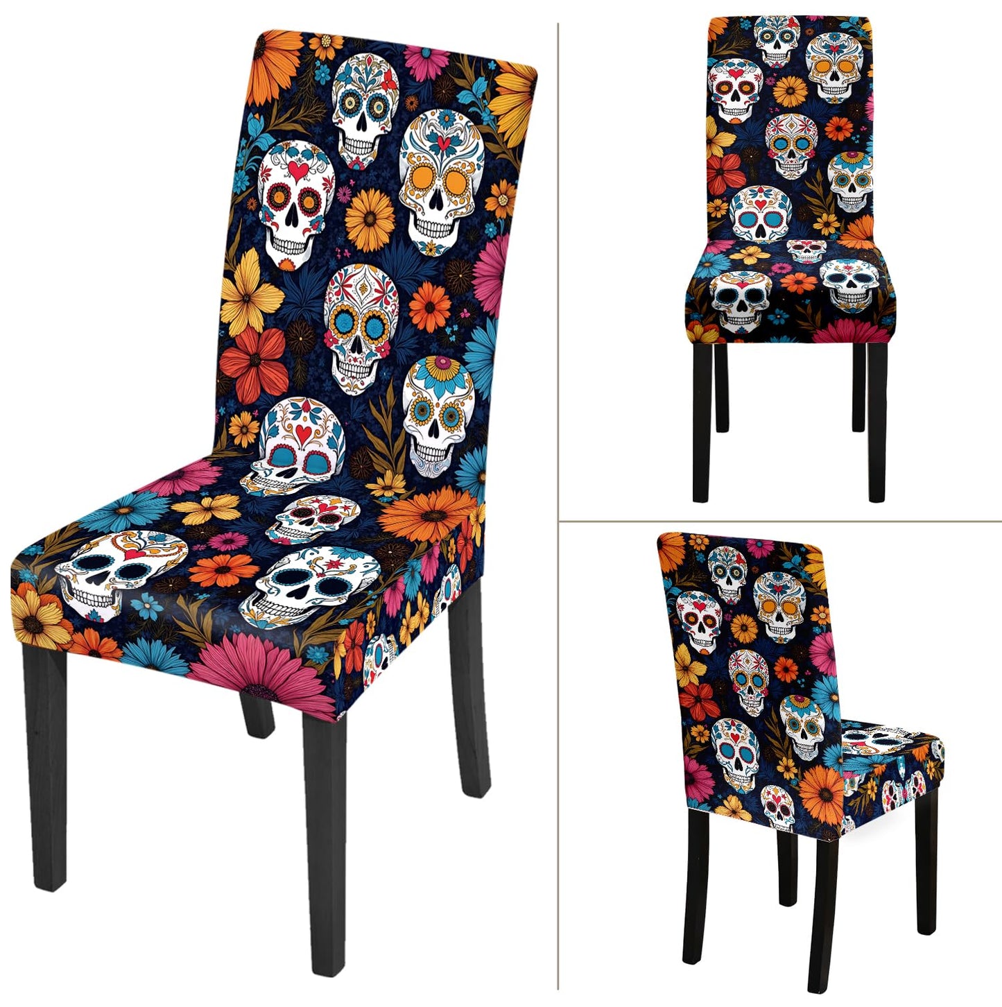 ANNA QUEEN Halloween Sugar Skull Chair Covers for Dining Room and Kitchen Set of 4 – Stretchable Floral Day of the Dead Chair Slipcovers, Festive Halloween and Holiday Décor