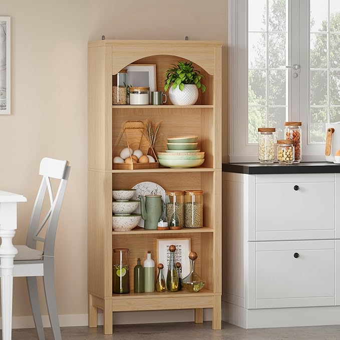 Arched Bookshelf with 4 Tier Open Shelves, Study and Living Room, Natural Oak
