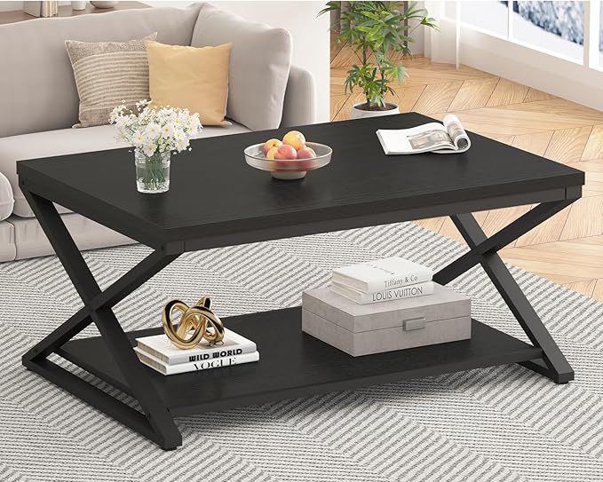 HSH Black Modern Minimalist Metal Wood Living Room Table