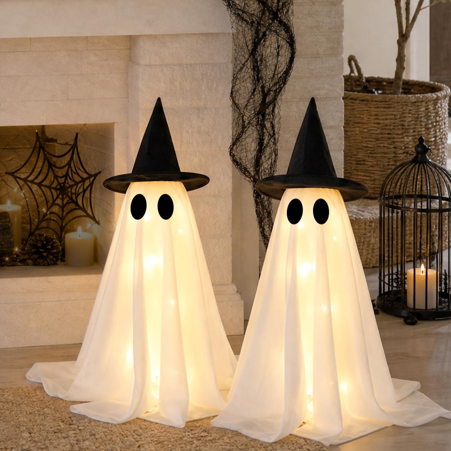 Halloween Decorations-Set of 2 Light-Up Ghosts with Witch Hats, Ghost Table Centerpiece-Spooky Tabletop Decor for Mantel Dining Table Party Indoor Home