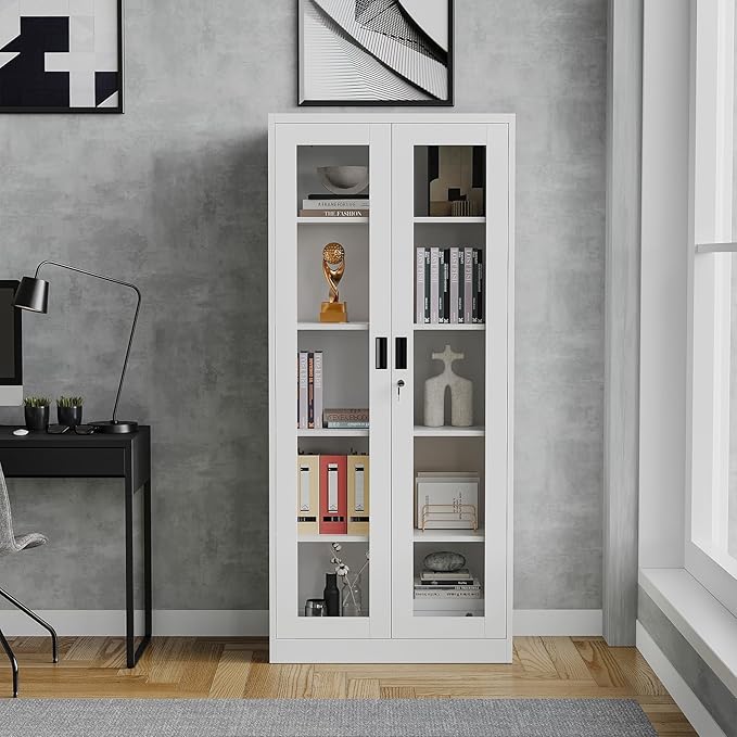 Glass Display Cabinet With Doors, 4 Adjustable Shelves