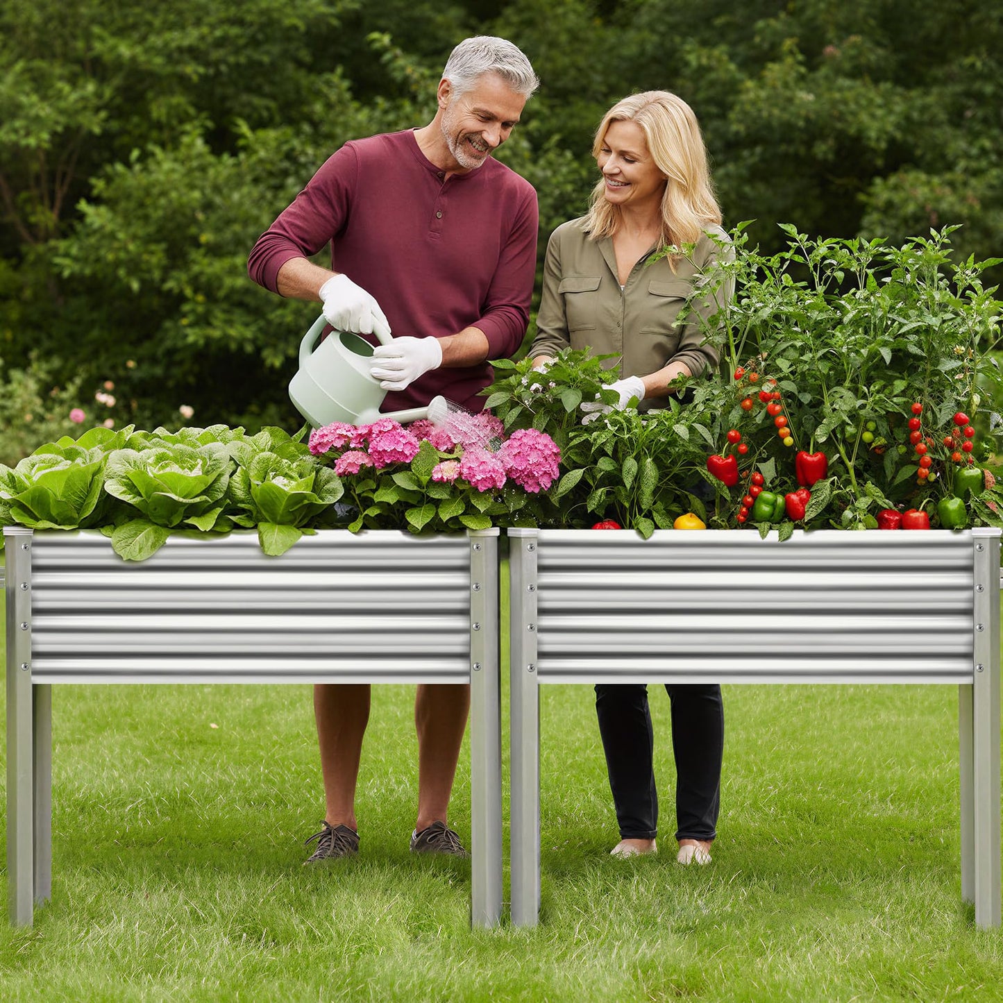 Land Guard 2 Pack Galvanized Raised Garden Bed with Legs & Wheels, 36×12×32in Metal Elevated Raised Planter Box for Backyard, Patio, Balcony, 300lb Capacity, Silver