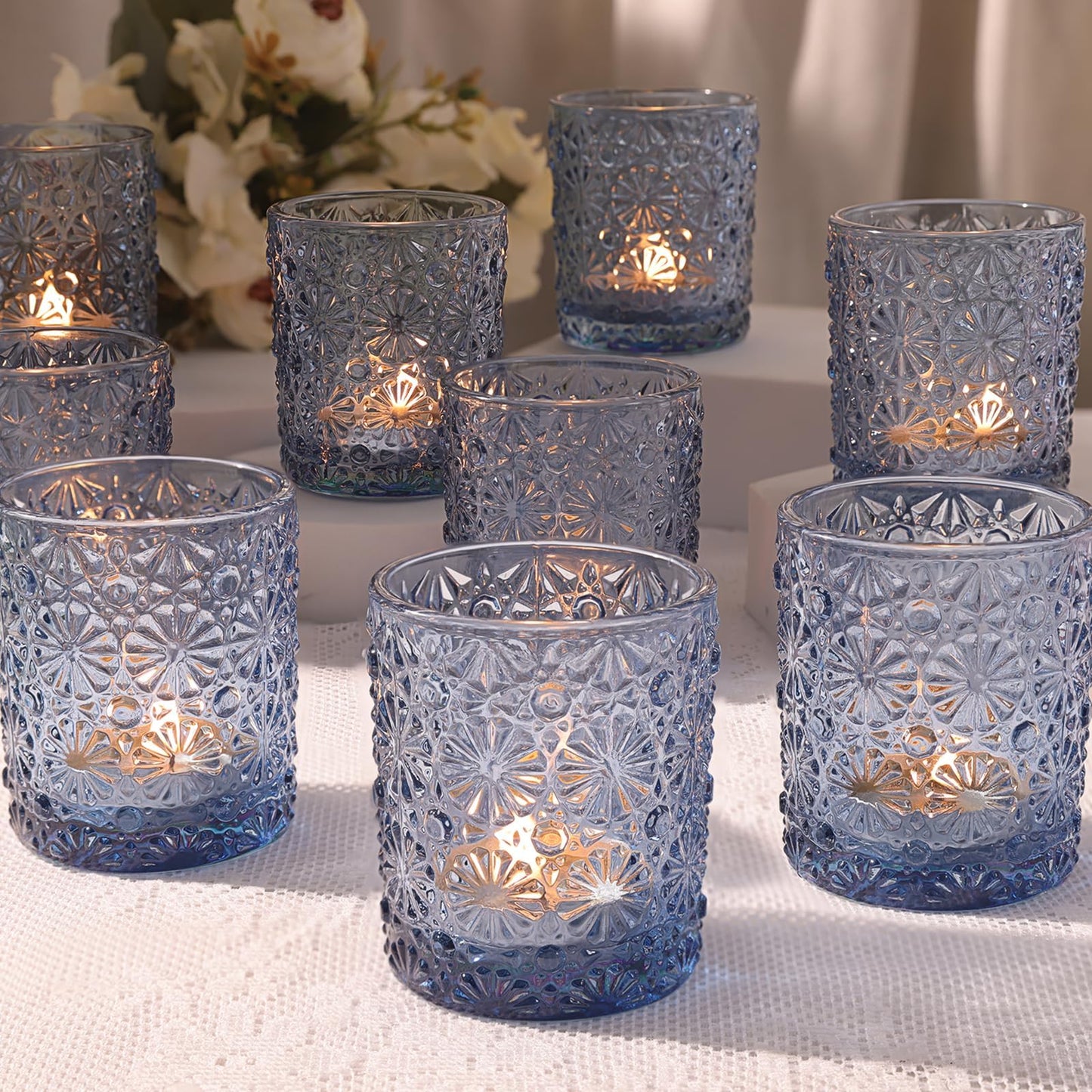 Lanttu Blue Votive Candle Holder Set of 12, Flower Tea Lights Candles Holders for Wedding Table Centerpieces, Birthday Parties, Home Decor, Blue Bridal Shower and Holiday Decorations