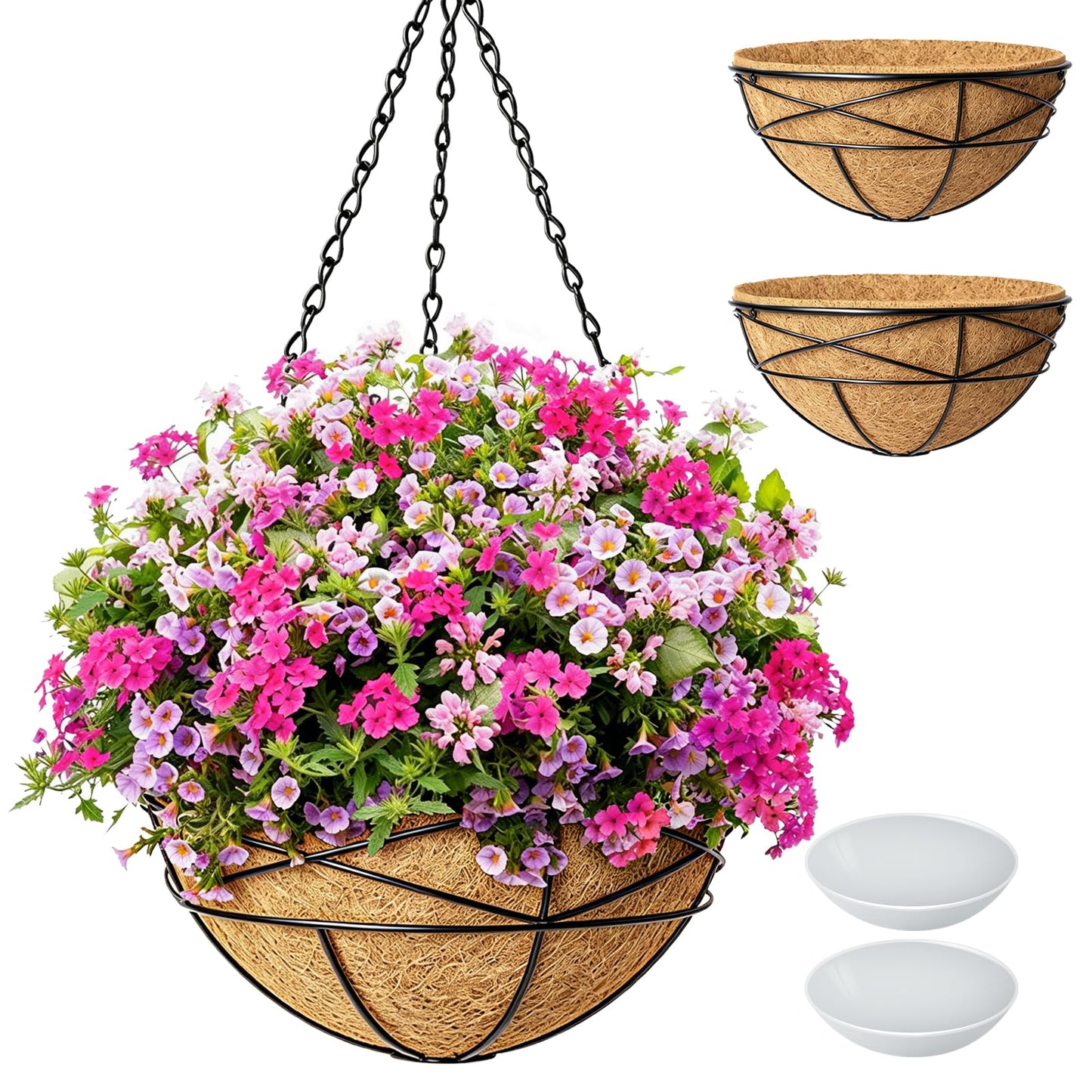 Karlliu 2 Pack 12 Inch Hanging Planters for Outdoor Plants Metal Watering Flower Baskets with Coco Liner for Hanging Pot Round Plant Holders Planter for Outside Garden Decor