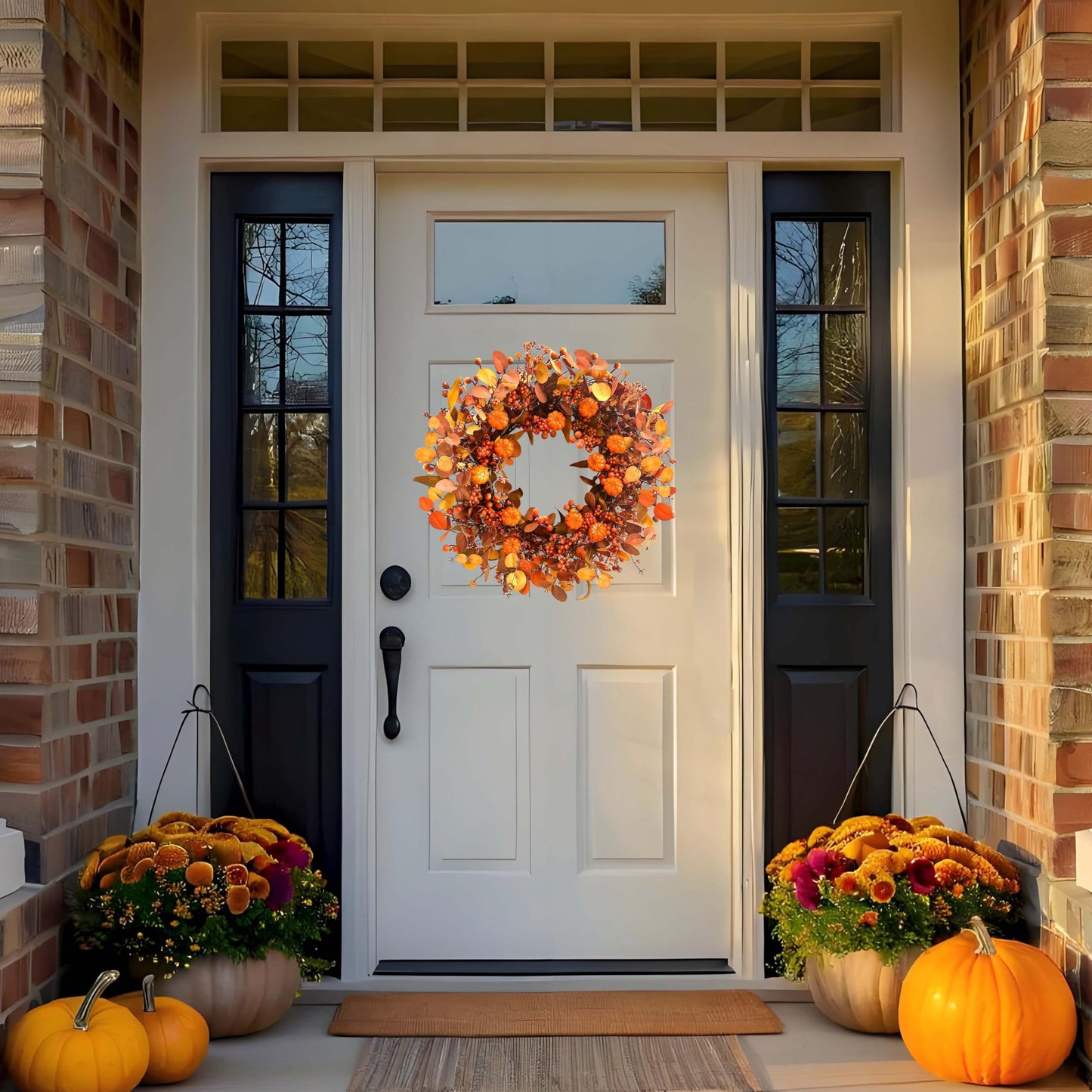 MAINGKAUNG Fall Wreath 22 Inch Fall Wreaths for Front Door Autumn Pumpkin Wreaths with Orange Eucalyptus Leaves and Berries for Indoor Outdoor Thanksgiving Harvest Festival Celebrations