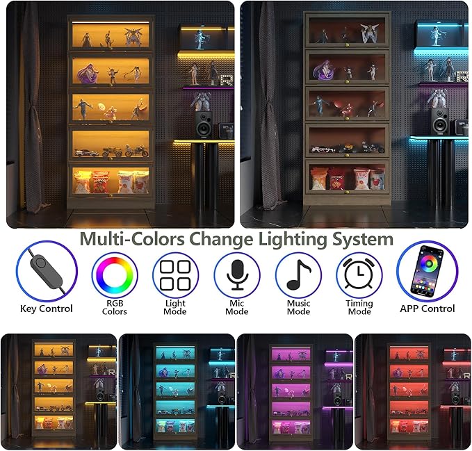 Display Cabinet with Acrylic Glass Doors, 5-Tiers Curio Cabinet with LED