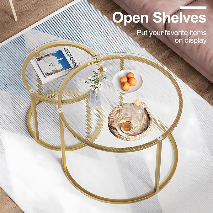 aboxoo Nesting Coffee Table Set of 2, Small Round Glass Nesting Tables