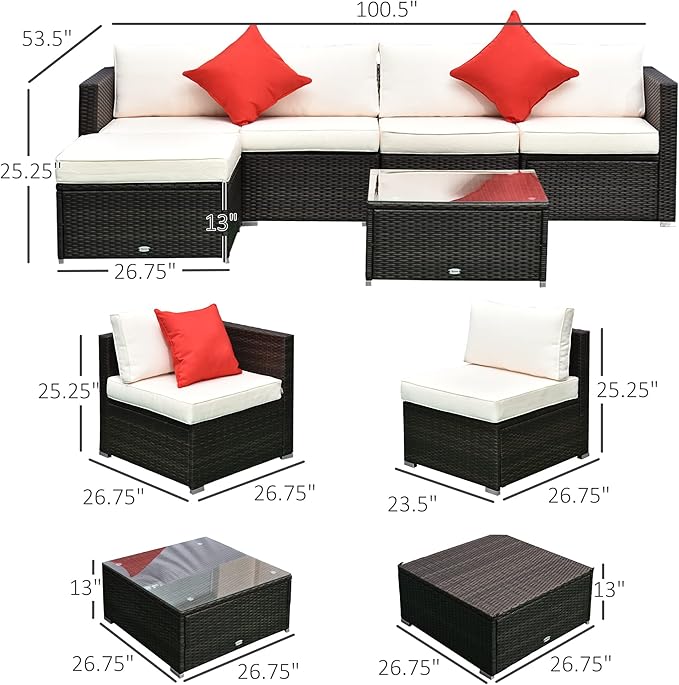 Outsunny 6 Piece Patio Furniture Set Outdoor Wicker Conversation Set All