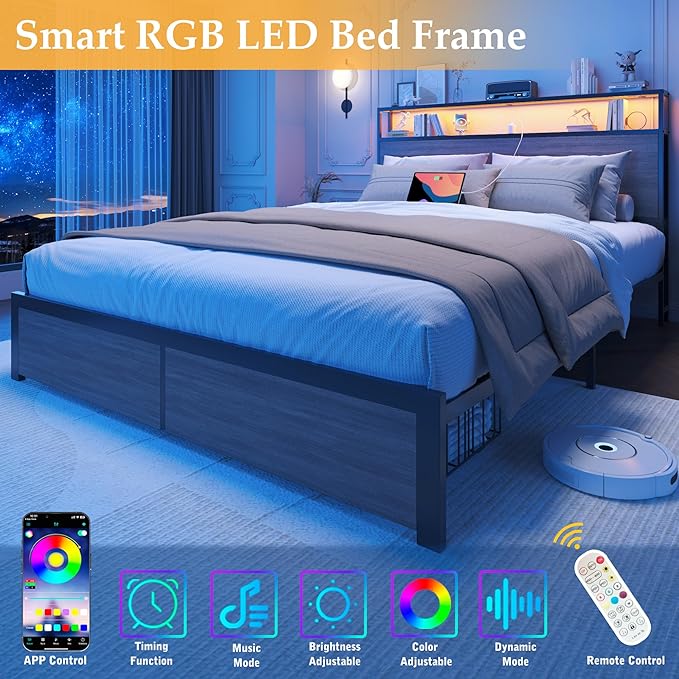 Lifezone Queen Bed Frame with 2-Tier Storage Headboard, Bedroom Metal Bed Frame