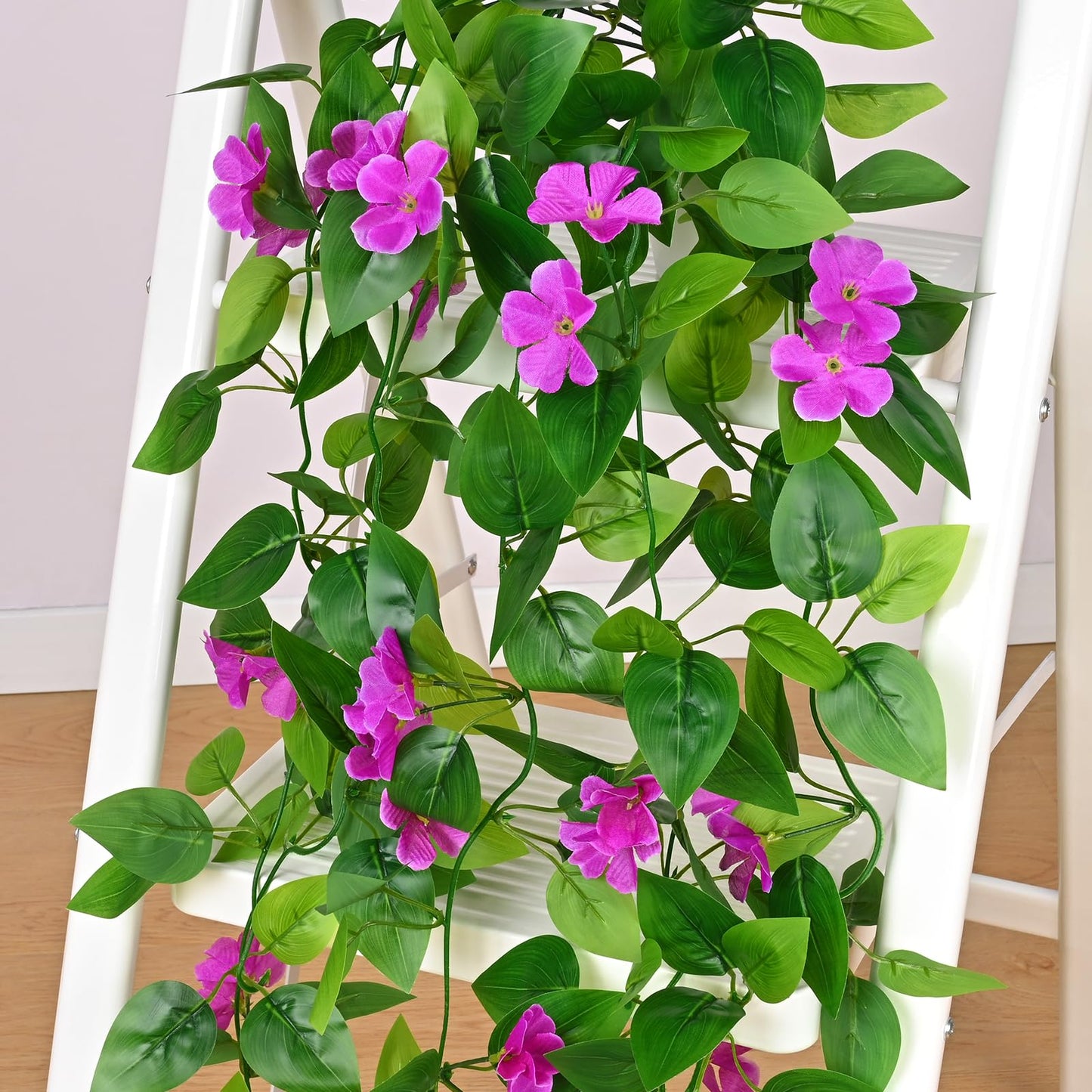 BLEUM CADE Artificial Hanging Flowers for Outdoors, 2pcs Fake Hanging Plants Pothos Vines with Purple Flowers for Wall Home Living Room Indoor Outdoor Decor (No Baskets)