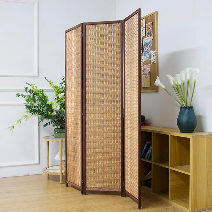 3 Panel Bamboo Room Divider Screen, 5.6 FT Tall Bamboo Divider Folding Panel