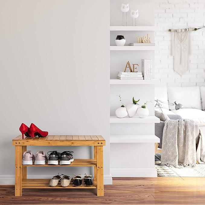 Purawood Bamboo 3 Tier Shoe Rack Bench, Premium Shoe Organizer or Entryway Bench