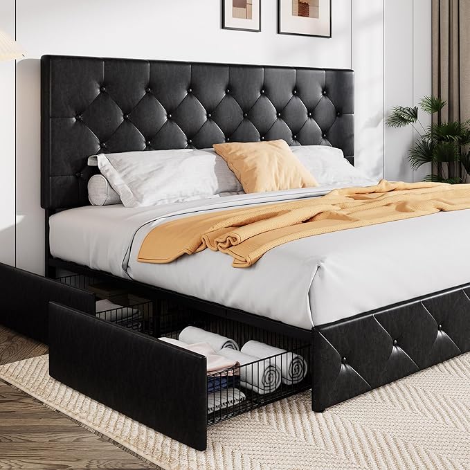 Allewie King Size Black Metal Faux Leather Platform Bed Frame