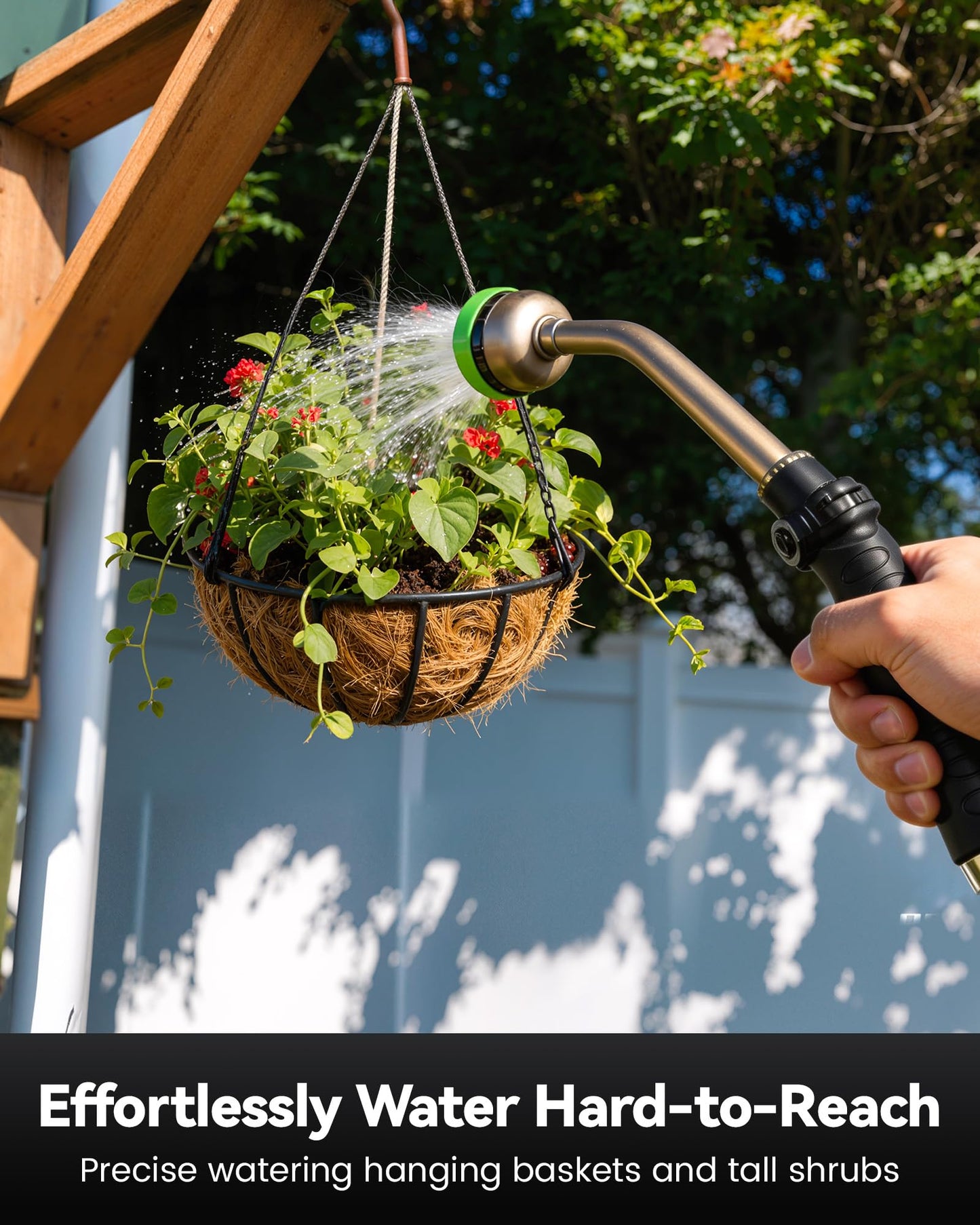 RAINPOINT Watering Wand, 16 Inch Metal Garden Hose Wand with 9 Spray Patterns, Long Hose Sprayer Nozzle For Hanging Baskets, Shrubs,Lawn (Green)
