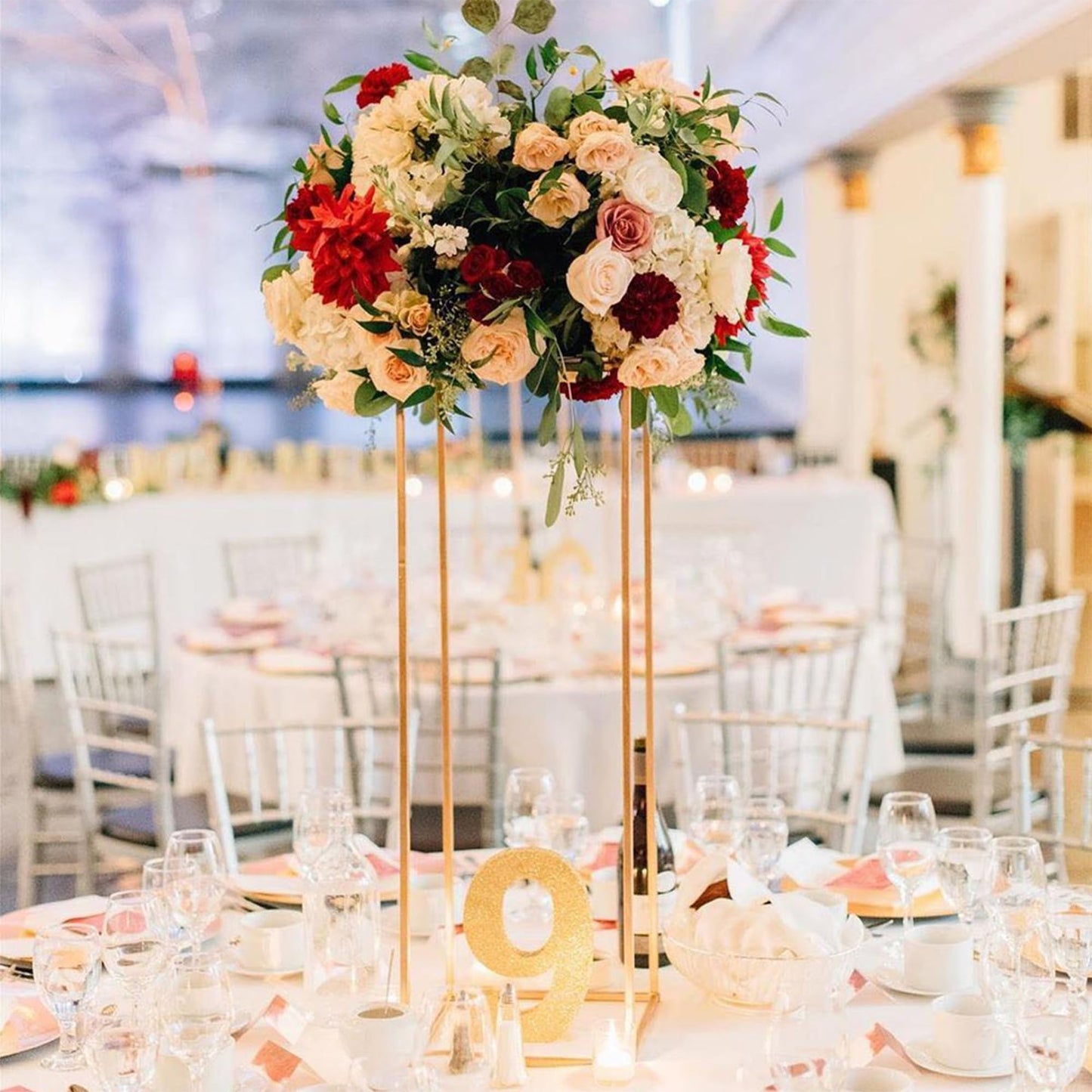 Gold Wedding Flower Stands, Set of 2 Metal Vases Column Geometric Wedding Table Display Centerpieces 31½ inches Tall Floral Decoration Holders for Wedding Party Decor