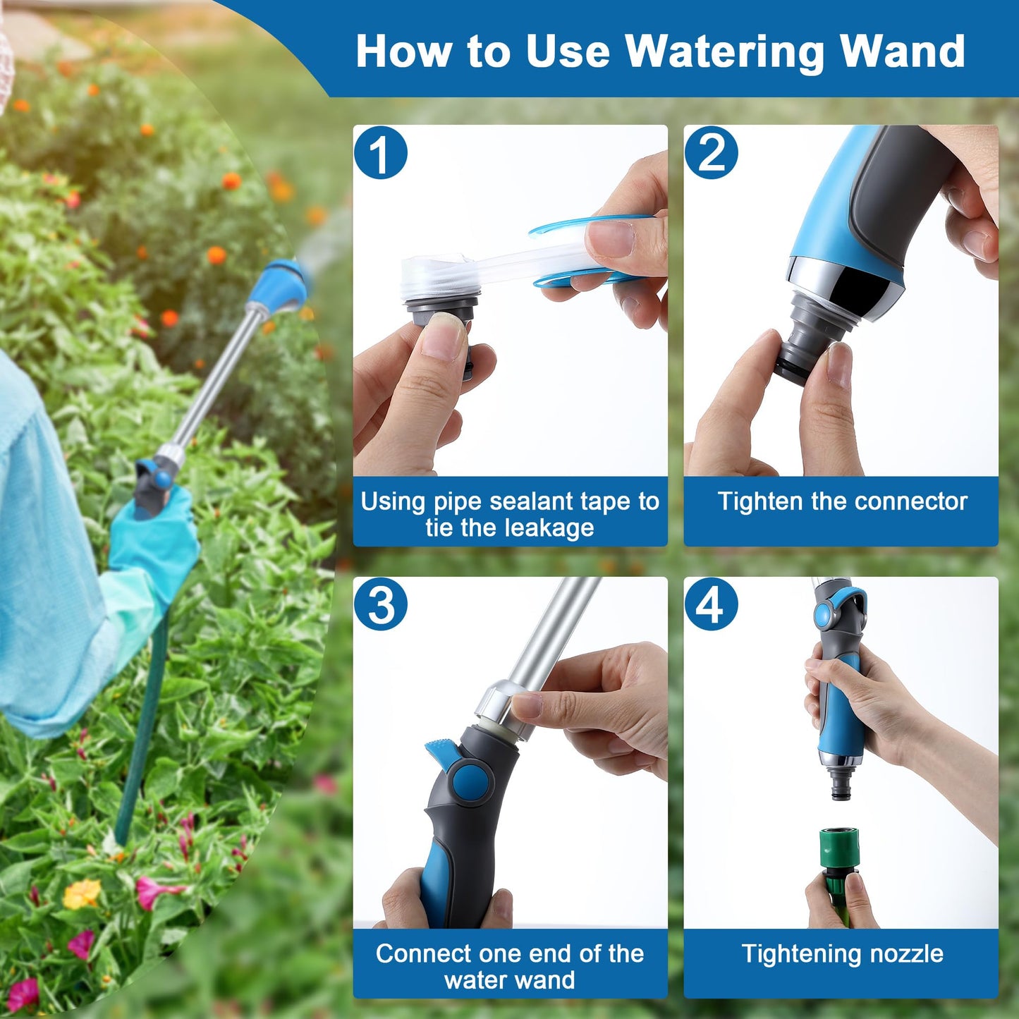 Saillong 18" Watering Wand for Garden Hose Heavy Duty, Metal Garden Hose Wand Sprayer with Thumb Control & 8 Spray Patterns, Hose Nozzle Wand for Lawn Plants Hanging Baskets, Pipe Tape Included
