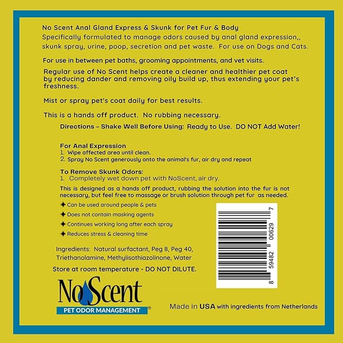 No Scent Anal Gland Express & Skunk Spray Pet Fur Cleaner for Dogs & Cats (32 Fl Oz / 946 mL)