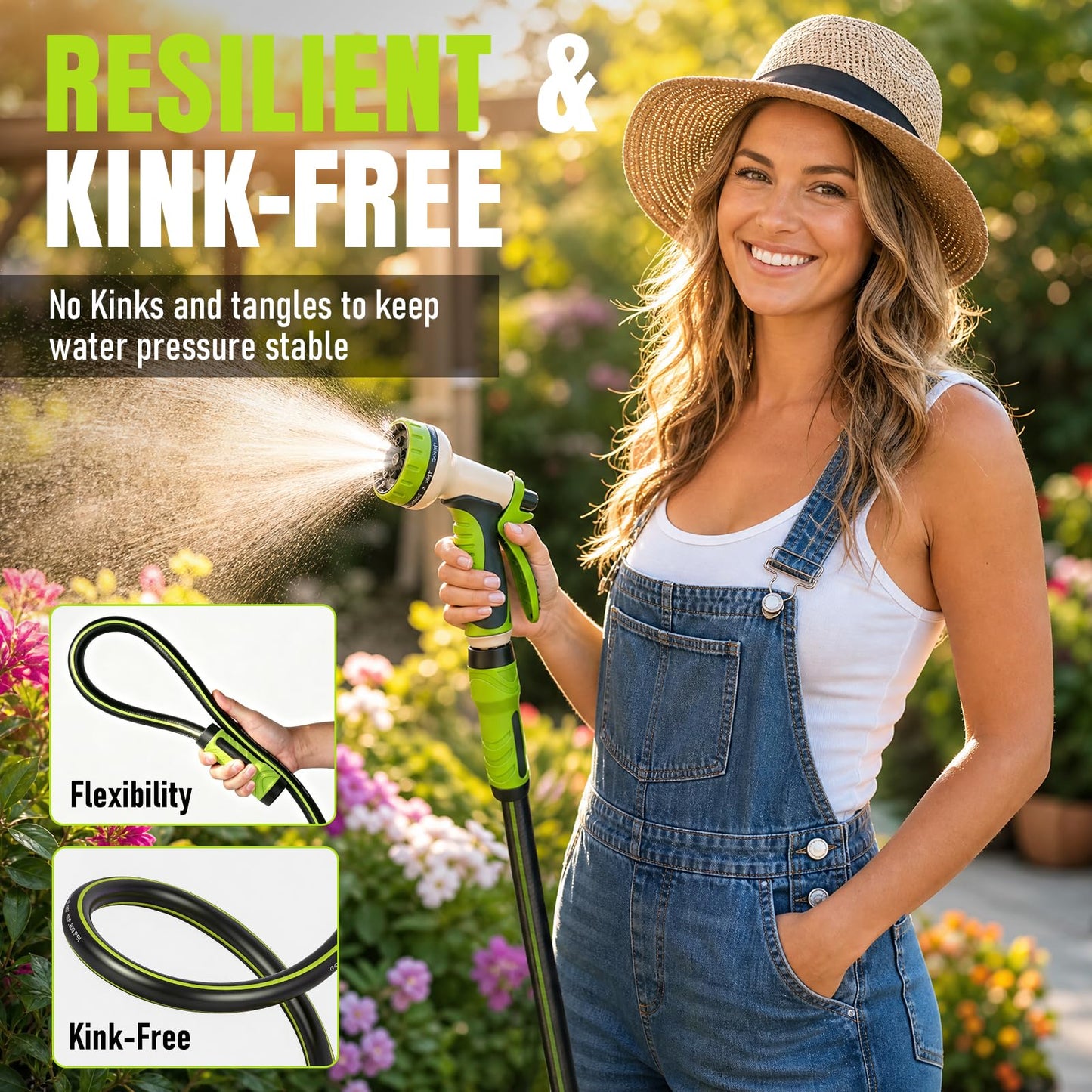 Garden Hose 50ft x 5/8", Heavy Duty Water Hose, Flexible and Durable, Kink Resistant Lightweight Hybrid Hose, Leakproof Yard Hose with Male to Female Fittings