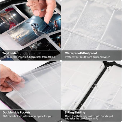 WOT I Trading Card Binder, 900 Pockets Baseball Card Binder Sleeves with Zipper, Double Sided Pockets Card Holder Carry Card Case for Baseball Card, Football Card(Pink), WO-CB-9-9