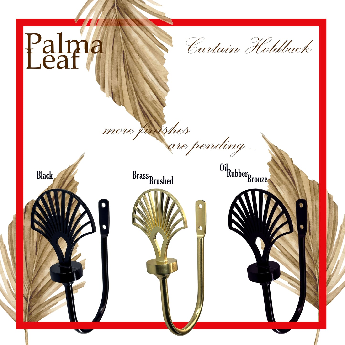 ARNORX Palma Leaf Curtain Holdbacks, Set of 2, Decorating Drapery Tie Backs, Hooks (Black)