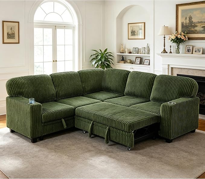 L-Shaped Sectional Couch with Storage and Pull Out Bed, Convertible Sofa Bed