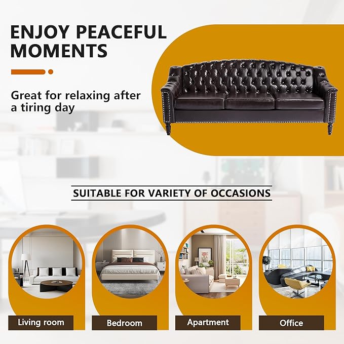 LEVNARY Mid-Century Modern Leather Couch, Chesterfield Sofa Sleeper Settee