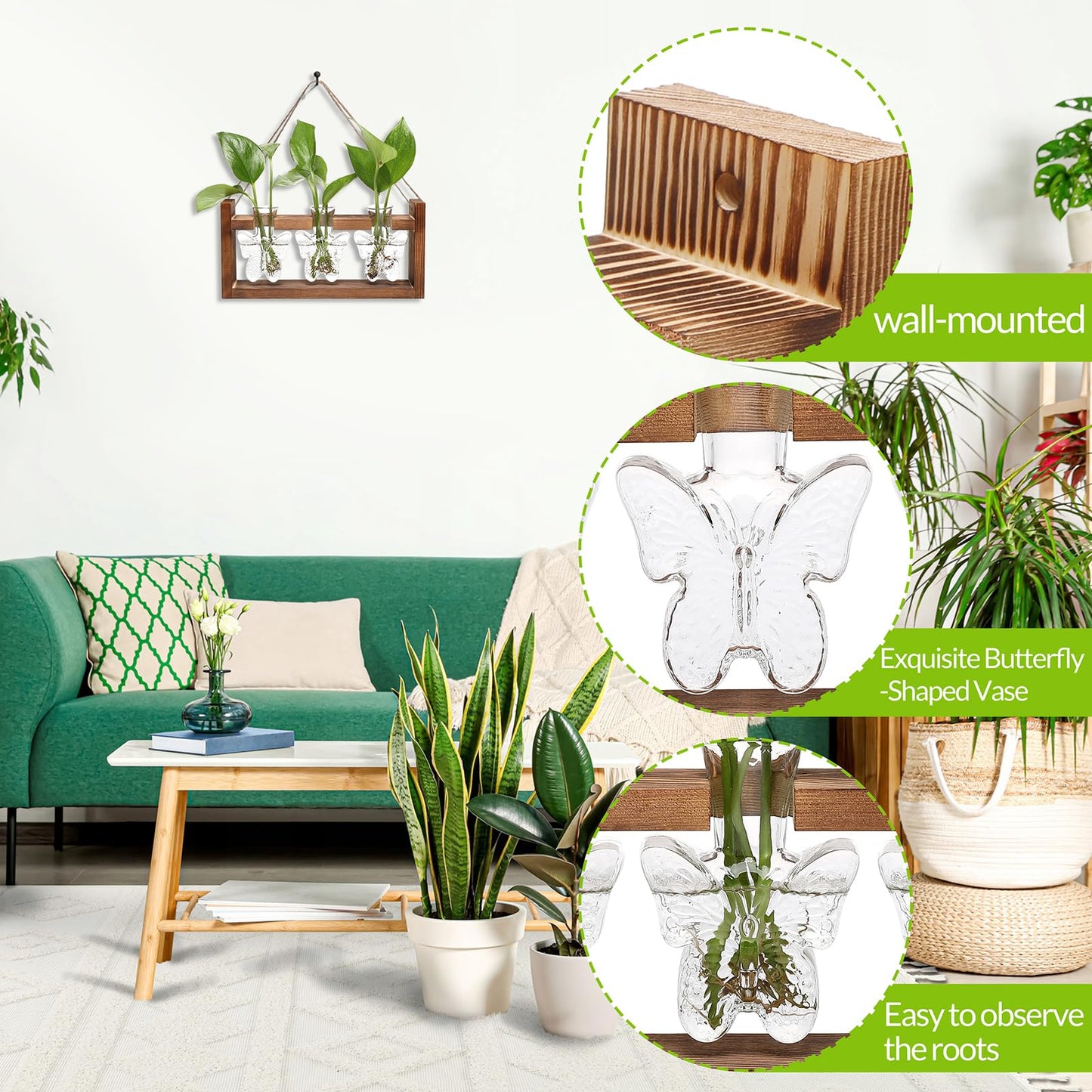 Glass Plant Propagation Station Butterfly Planter Vase with Wooden Stand Birthday Gifts for Women Mom Plant Lovers Office Home Decoration