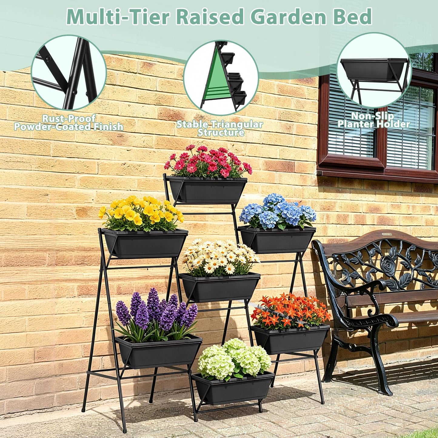 Sunexinlo 5-Tier Vertical Garden Planter with 7 Plant Boxes & Drainage Trays, Metal Freestanding Raised Bed for Herbs Flowers Vegetables, Indoor Outdoor for Patio Balcony Deck, Black
