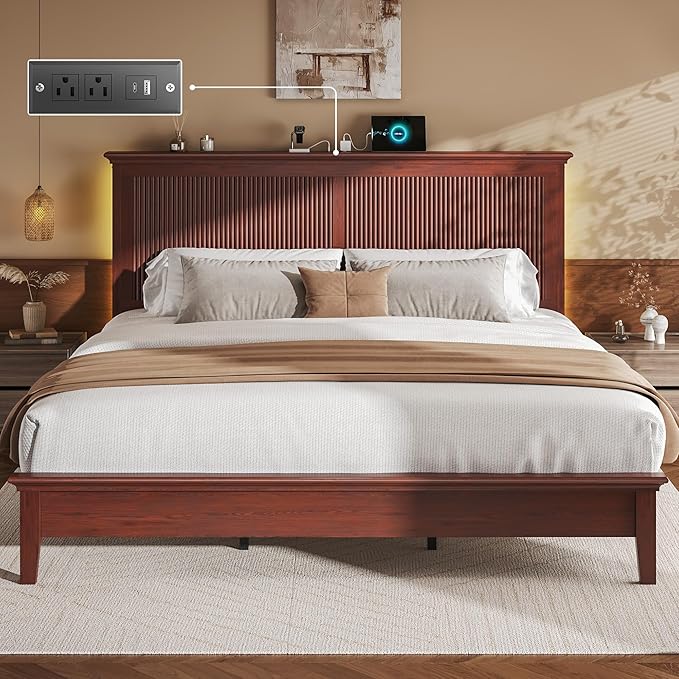 Lifezone King Bed Frame with Headboard, Solid Wood Bed Frame King Size with