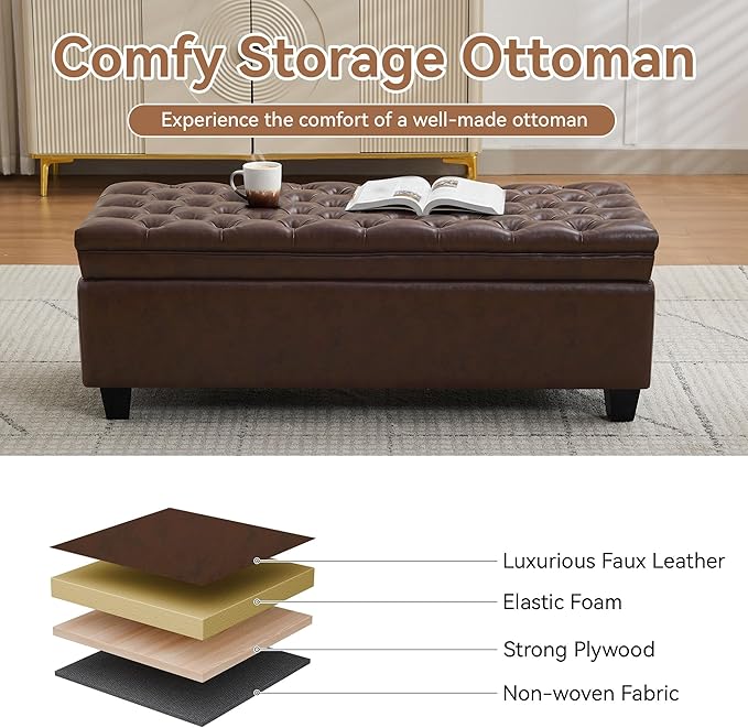 WUTUTUEE 50" Faux Leather Storage Ottoman Bench, End of Bed Upholstered