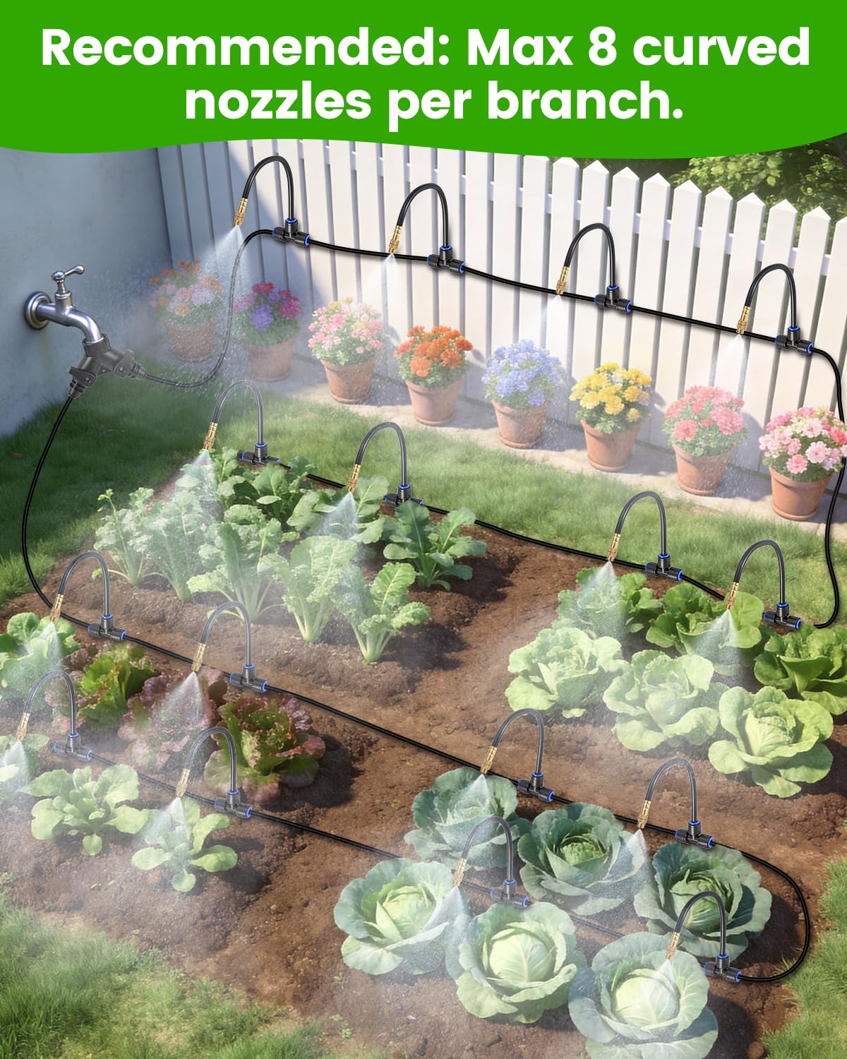 Landtouch 240FT Drip Irrigation System for Garden with 36 Nozzles –360° Adjustable Misting Nozzles, Quick-Connect Design, Ideal for Raised Beds, Lawns, Greenhouses & Outdoor Cooling