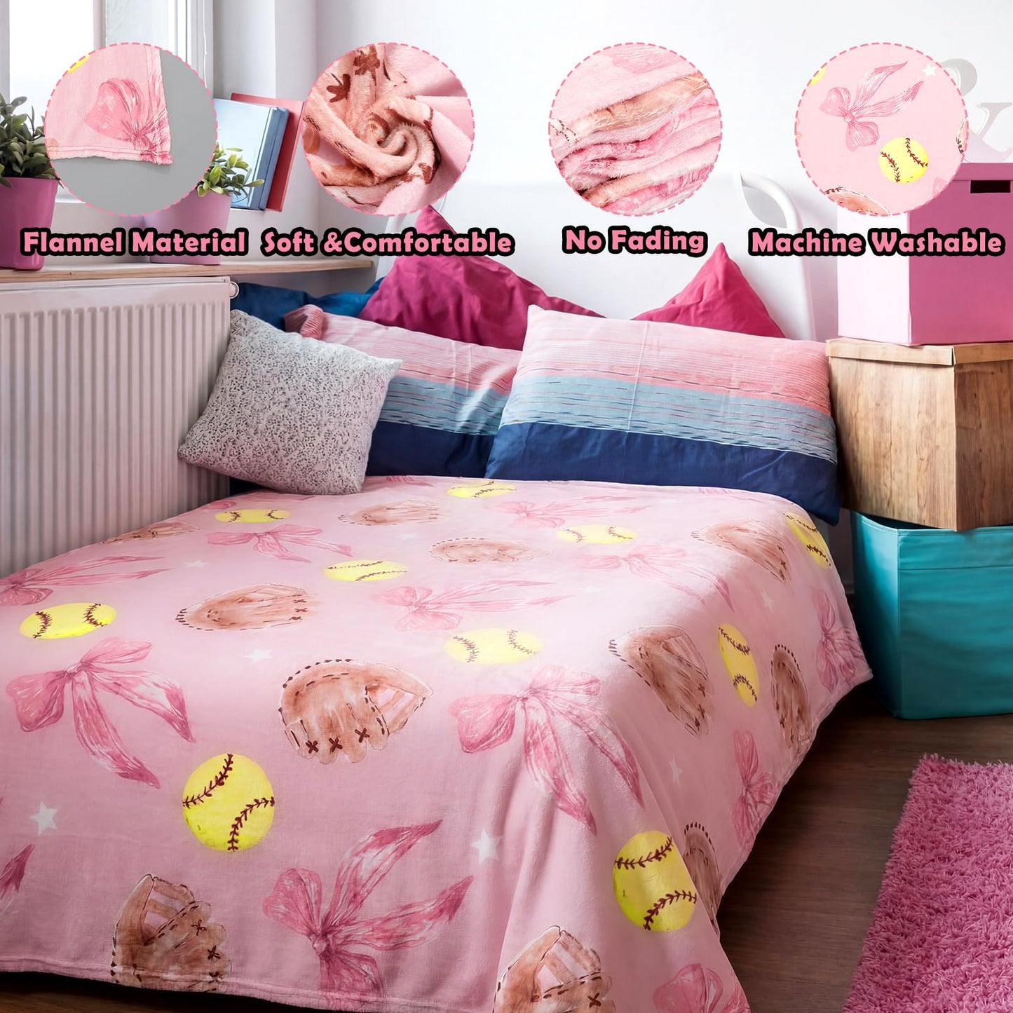 Hillsuren Pink Softball Coquette Bow Blanket 50 x 60 Softball Sports Throw Blanket Bow Stuff Team Gifts for Ball Lovers Players Home Decor Halloween Christmas Thanksgiving Gift