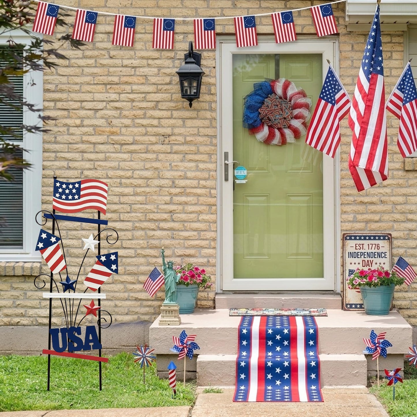WKHOMEDECO 4th of July Decorations Outdoor, 30 Inch Metal Patriotic Garden Stakes, USA Yard Sign with American Flag, Red White and Blue Yard Decorations for Memorial Day Lawn Porch