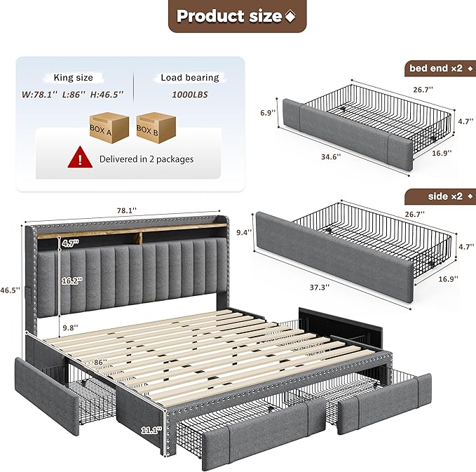 EnHomee Upholstered King Size Bed Frame