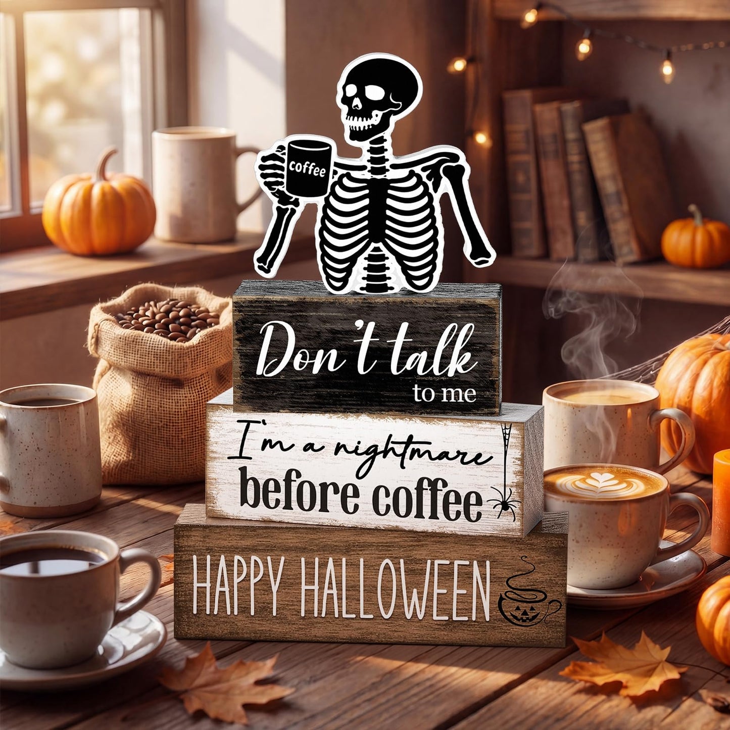 Marsui 4 Pcs Halloween Coffee Bar Decorations Skeleton Nightmare Before Coffee Tabletop Decor Funny Gothic Wooden Sign Block Halloween Table Centerpiece for Home Indoor Office Shelf Tiered Tray Decor