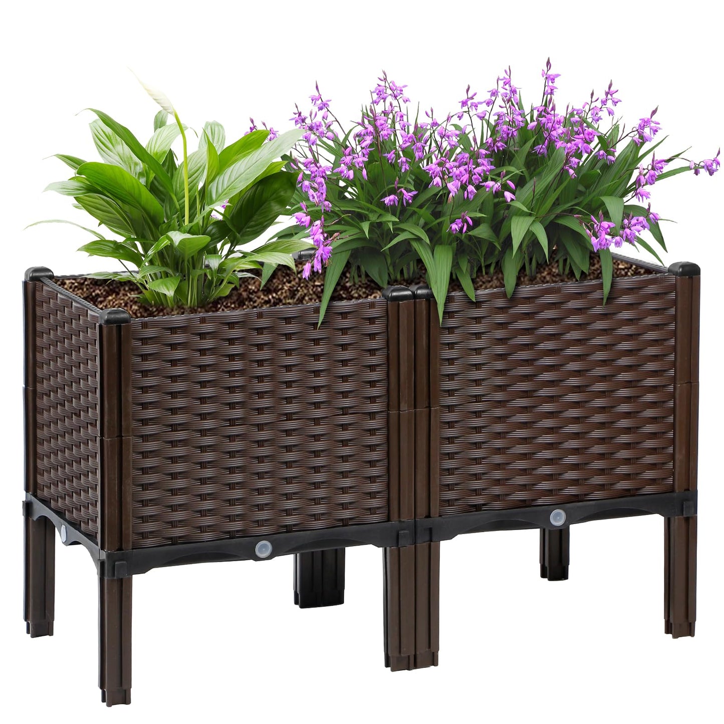 Rattan Raised Garden Bed with Legs-Rectangular Elevated Deep Planters for Outdoor Plants, Self Watering Planter Box 32"L x 16"W x 20"H, Rectangular Deep Garden Bed for Vegetables, Flowers, Herbs